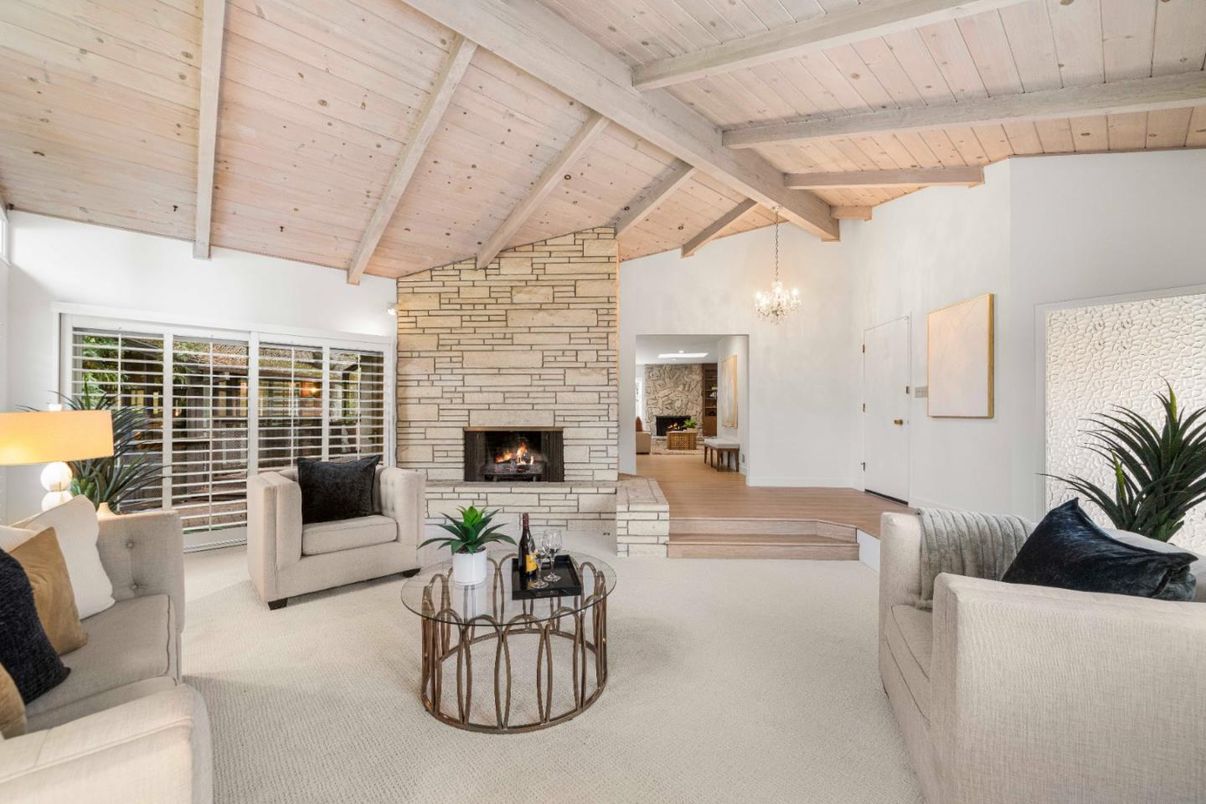 Chandelier, Fireplace, Interior, Living room, Stone Walls, Wooden Beams, Wooden Ceilings