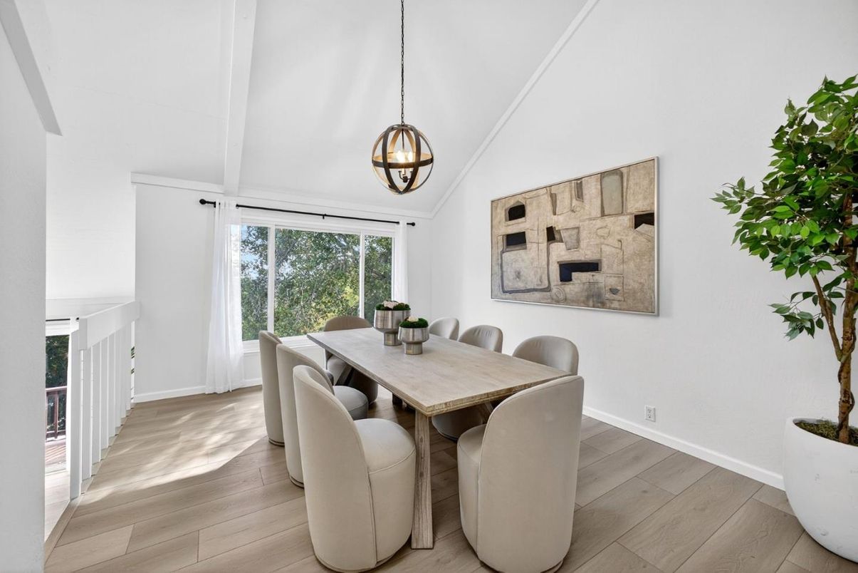 Dining room, Interior, Pendant Lights, Wood Texture Flooring
