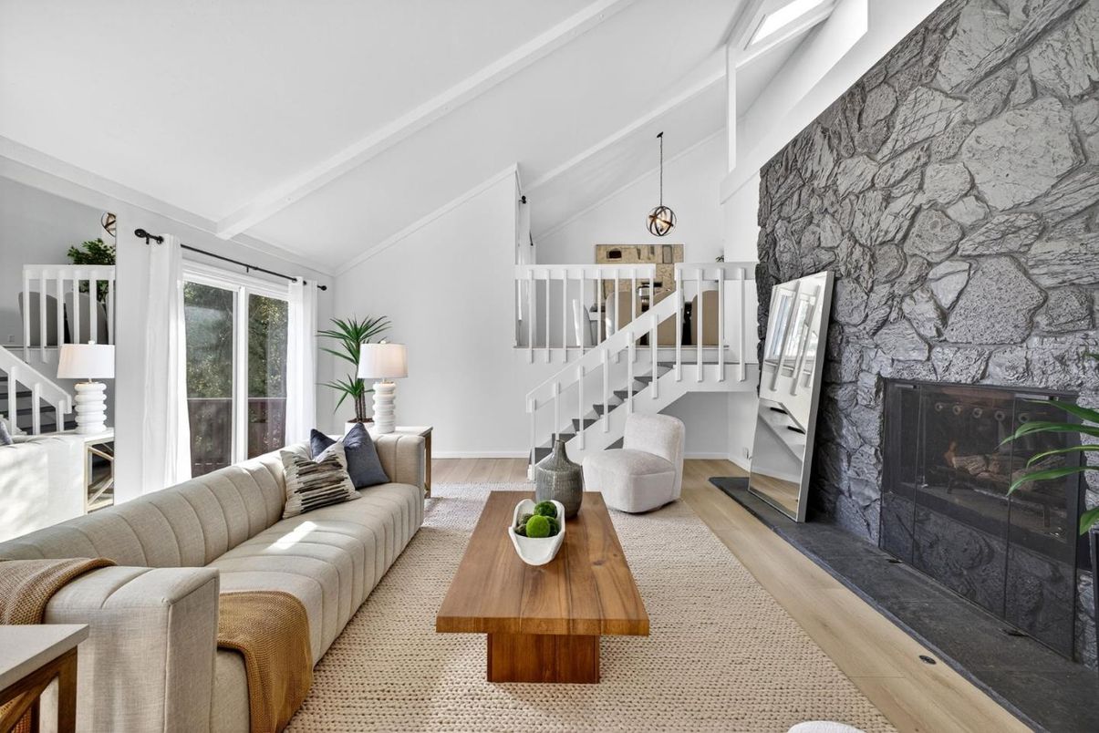 Fireplace, Interior, Living room, Stone Walls, Wood Texture Flooring