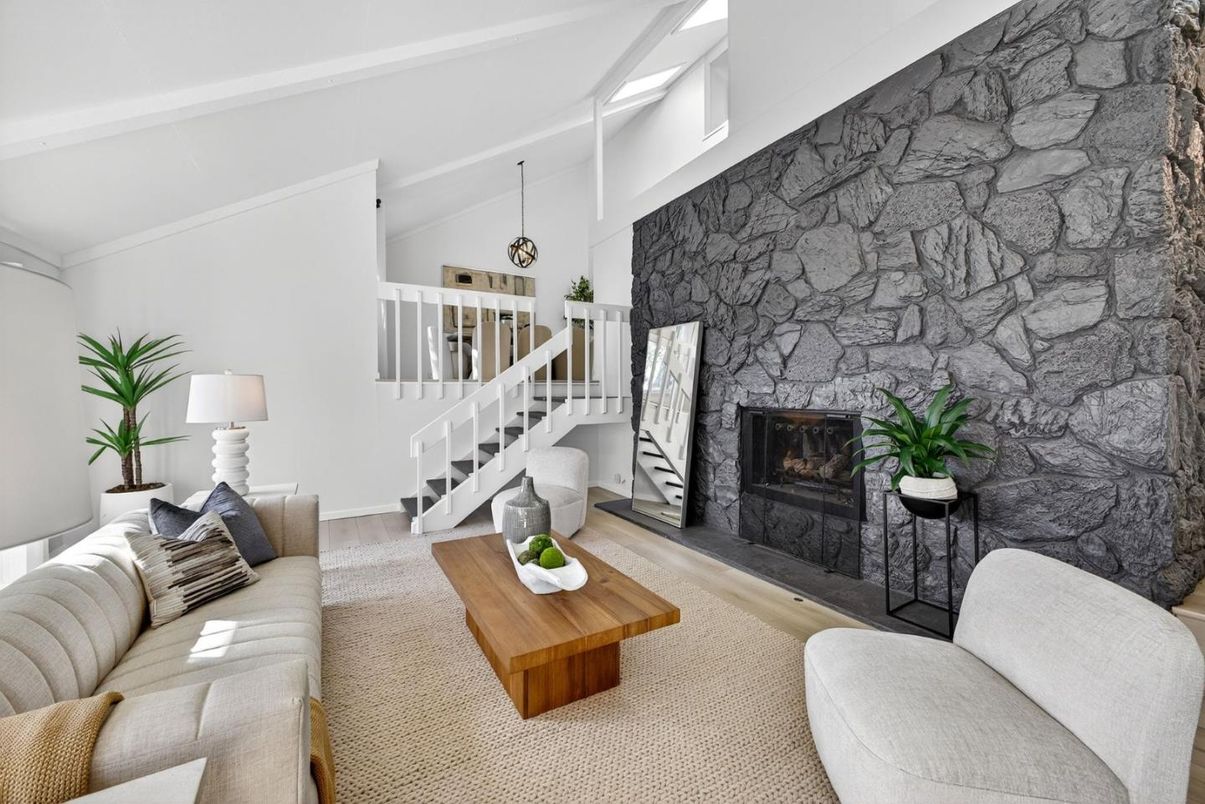 Fireplace, Interior, Living room, Pendant Lights, Stone Walls