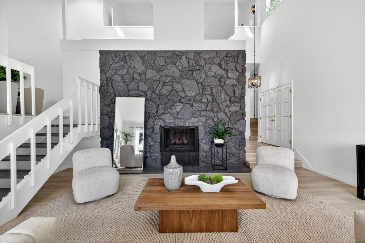 Fireplace, Interior, Pendant Lights, Stone Walls, Wood Texture Flooring