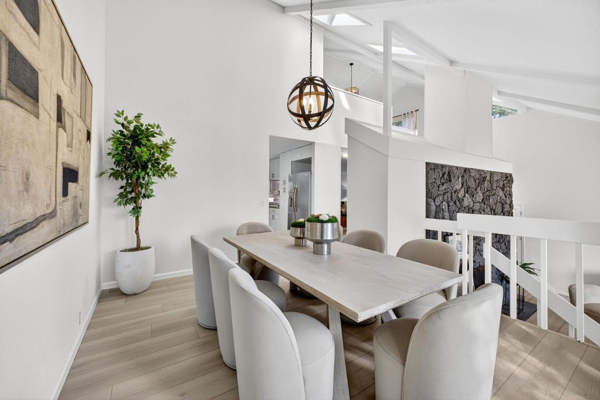 Dining room, Fireplace, Interior, Pendant Lights, Wood Texture Flooring