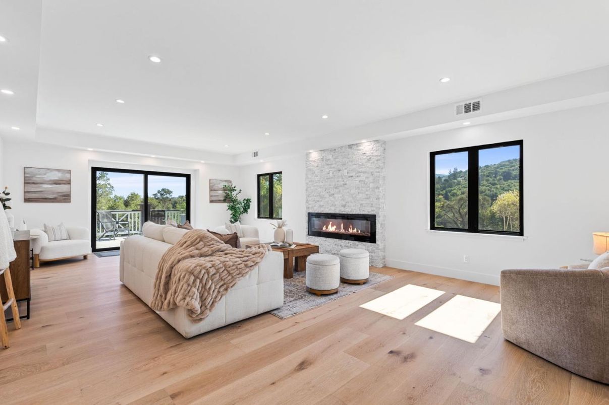 Fireplace, Interior, Living room, Recessed Lighting, Wood Texture Flooring