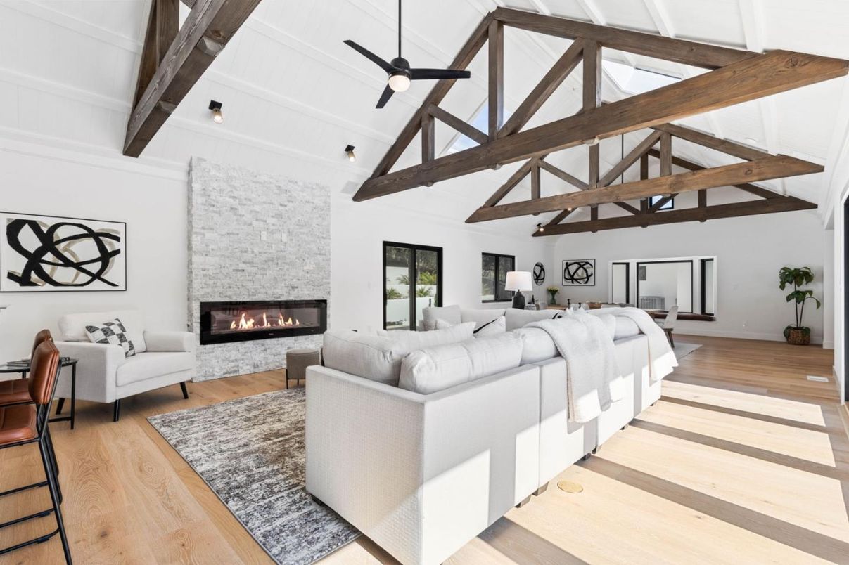 Fireplace, Interior, Living room, Wooden Beams, Wood Texture Flooring
