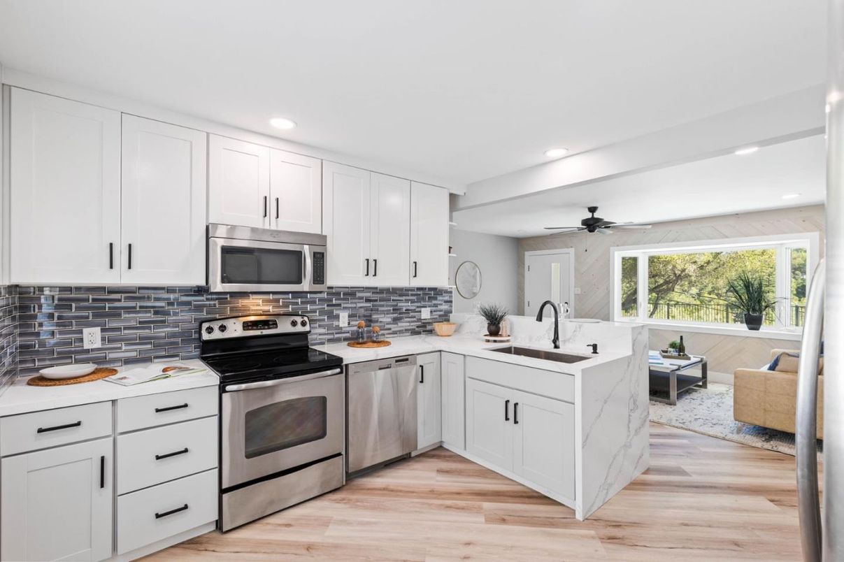 Interior, Kitchen, Living room, Recessed Lighting, Stainless Steel Appliances, Wood Texture Flooring