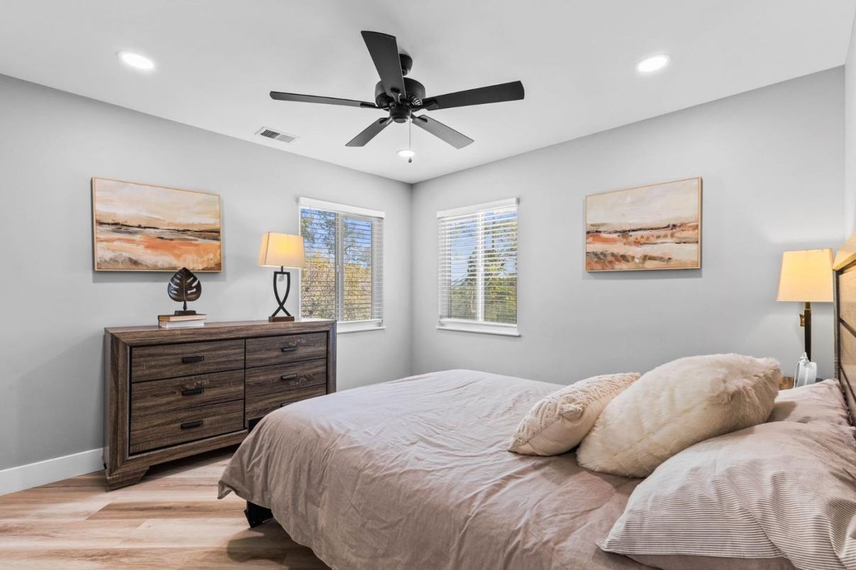 Bedroom, Interior, Recessed Lighting, Wood Texture Flooring
