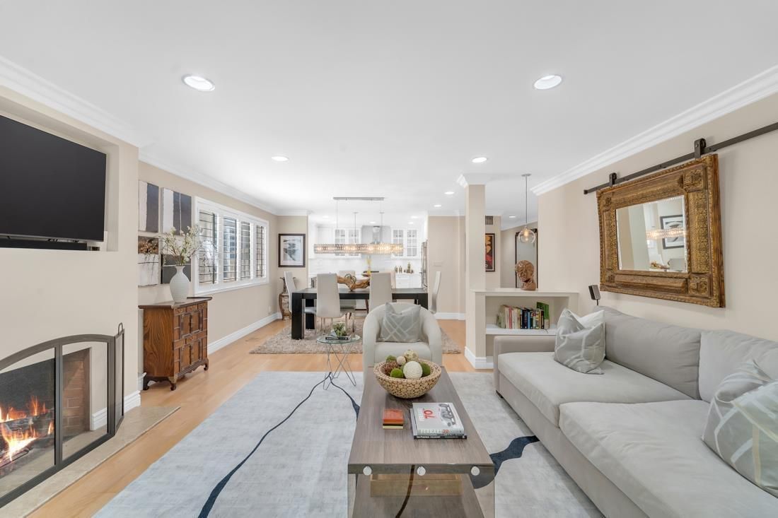 Dining room, Fireplace, Interior, Living room, Pendant Lights, Recessed Lighting, Wood Texture Flooring