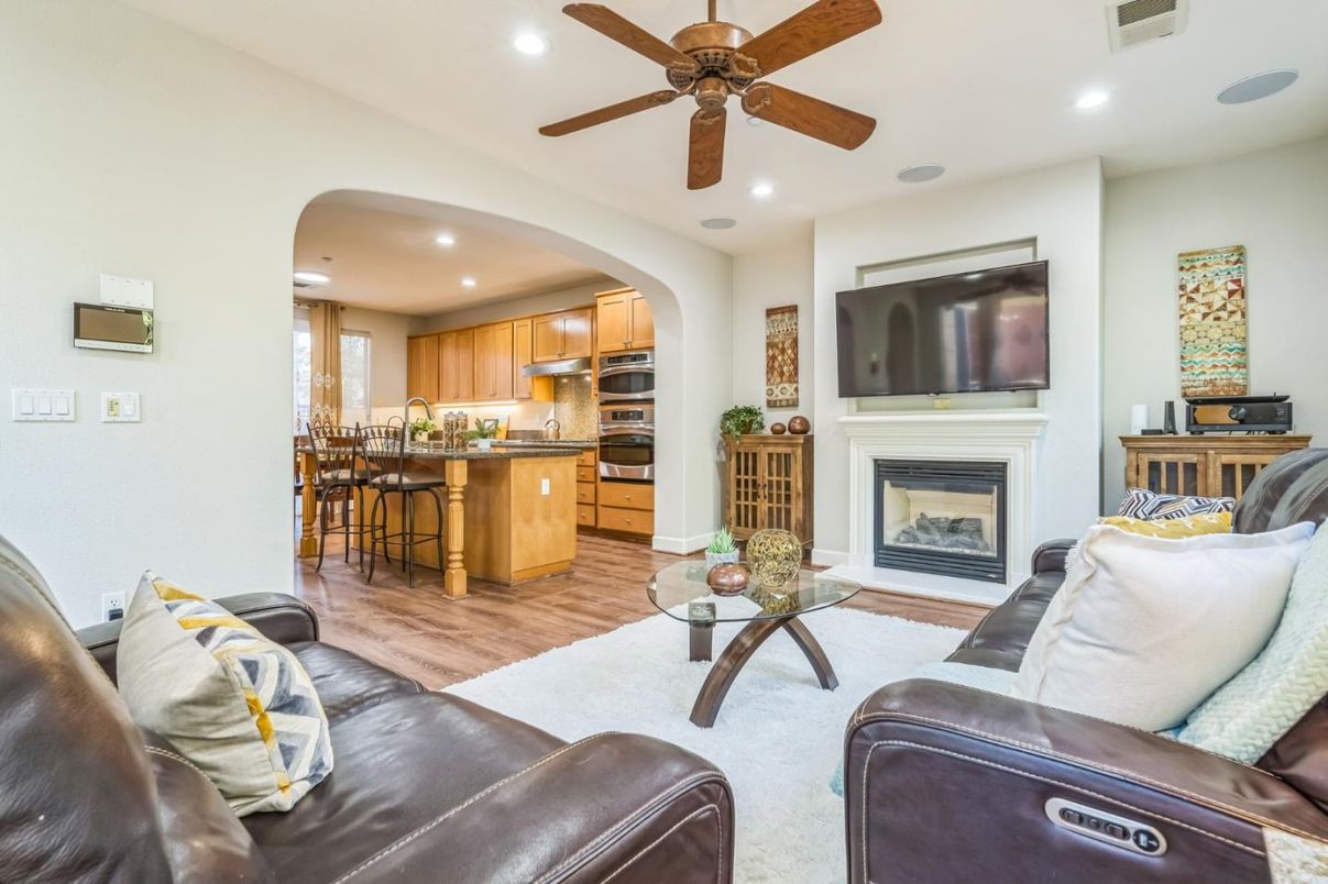 Fireplace, Interior, Kitchen, Living room, Recessed Lighting, Wood Texture Flooring