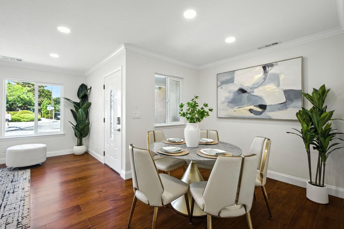 Dining room, Interior, Recessed Lighting, Wood Texture Flooring