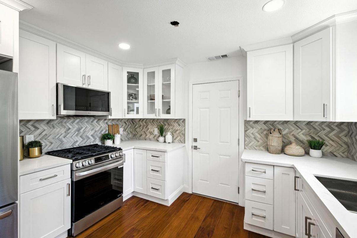 Interior, Kitchen, Recessed Lighting, Stainless Steel Appliances, Wood Texture Flooring