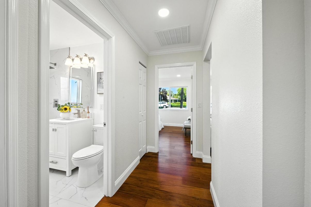 Bathroom, Interior, Marble, Recessed Lighting, Wood Texture Flooring