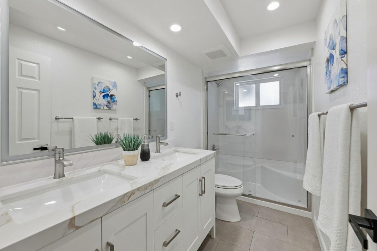 Bathroom, Dual Sink Vanities, Glass Shower, Interior, Recessed Lighting