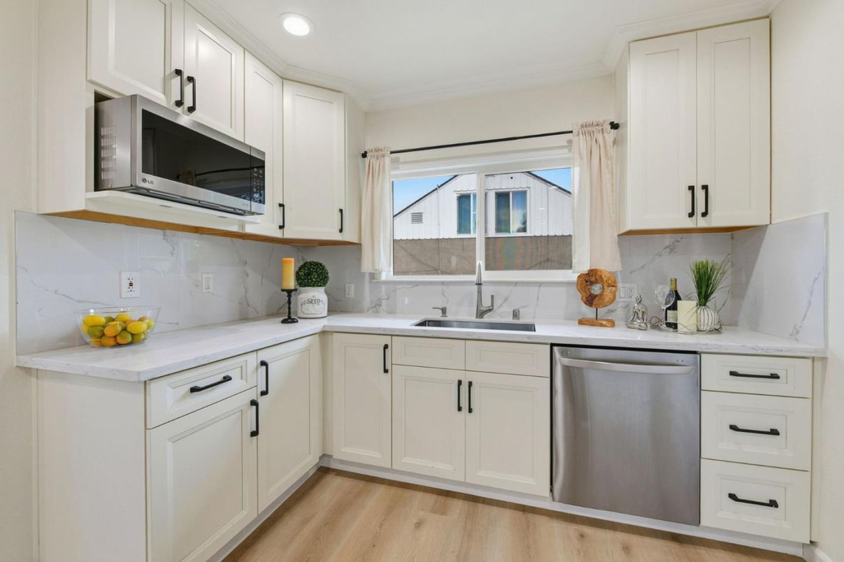 Interior, Kitchen, Recessed Lighting, Stainless Steel Appliances, Wood Texture Flooring