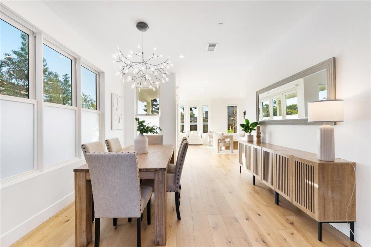Dining room, Interior, Living room, Pendant Lights, Wood Texture Flooring