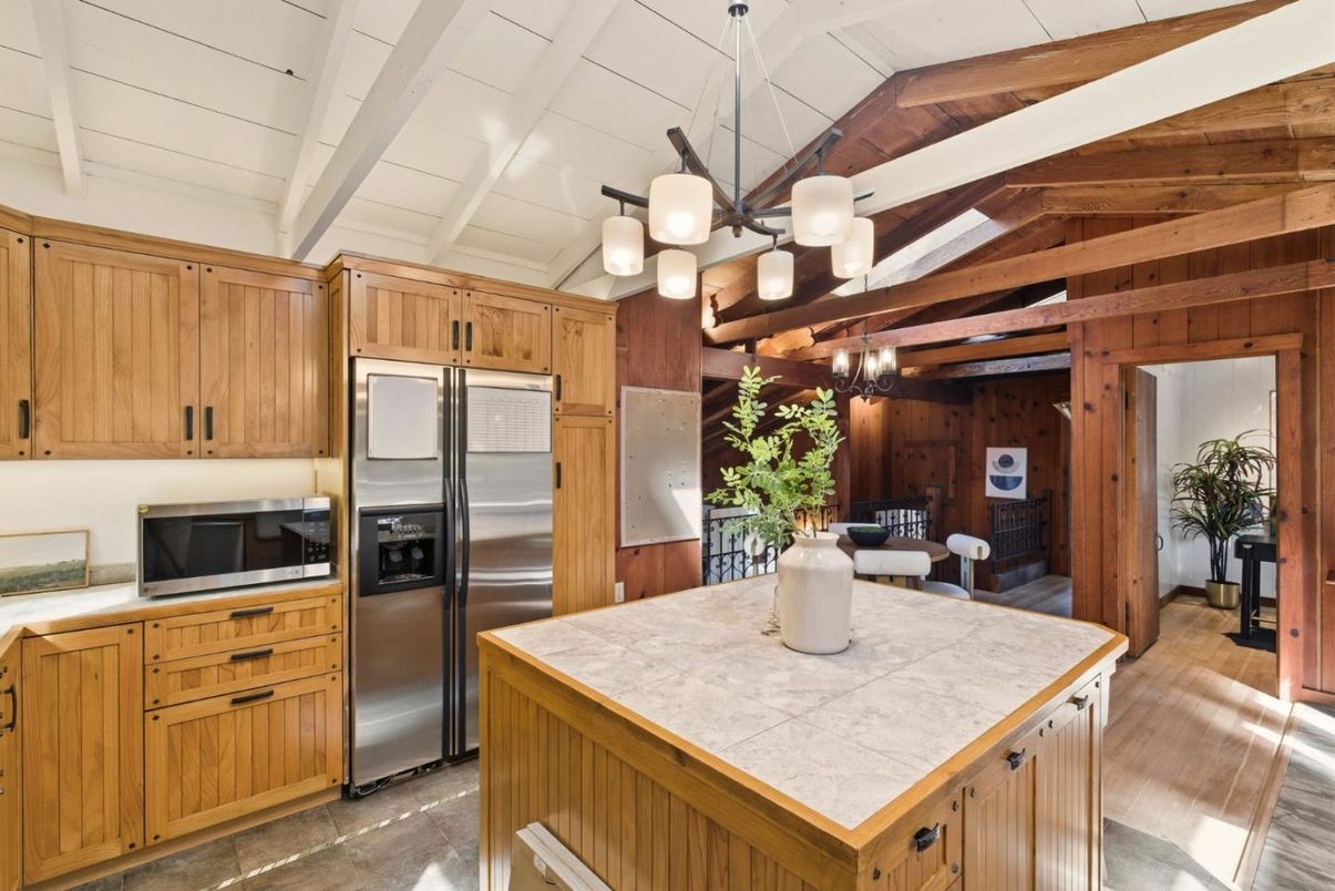 Interior, Kitchen, Stainless Steel Appliances, Tile Countertops, Wooden Beams, Wood Texture Flooring, Wooden Walls