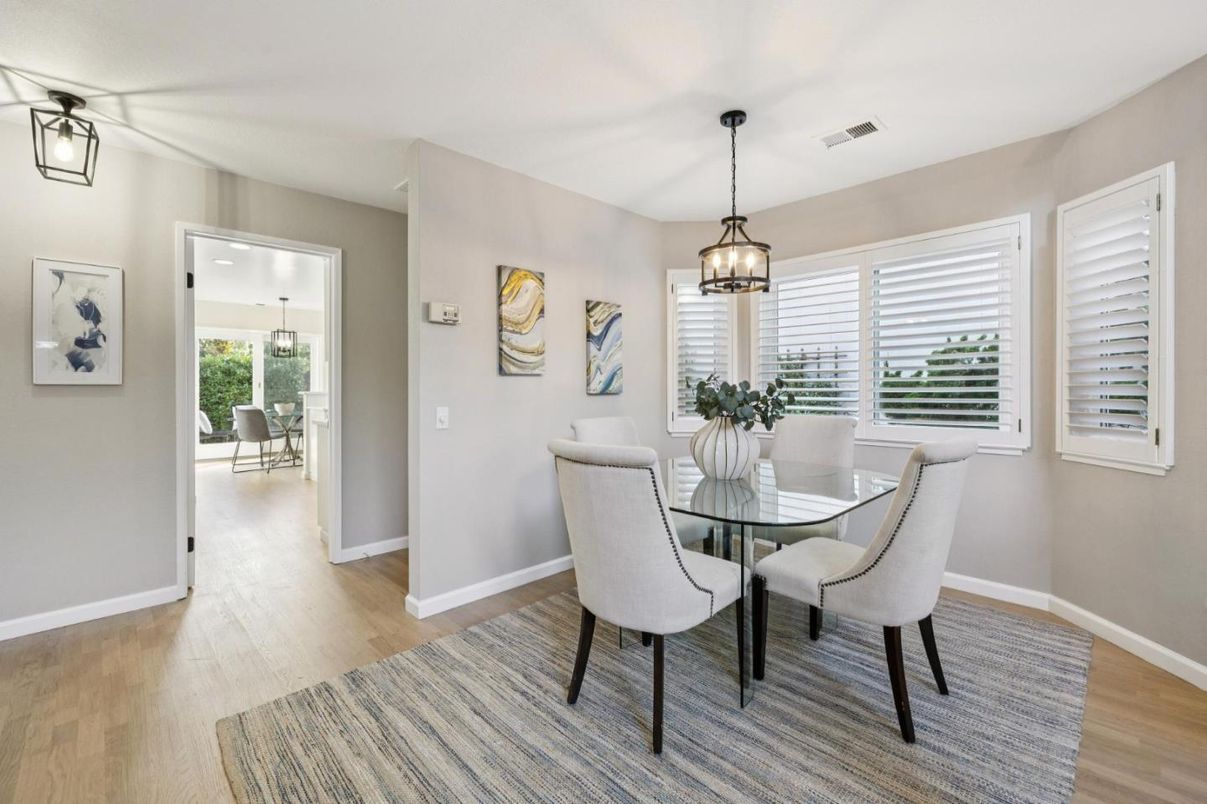 Dining room, Interior, Pendant Lights, Wood Texture Flooring