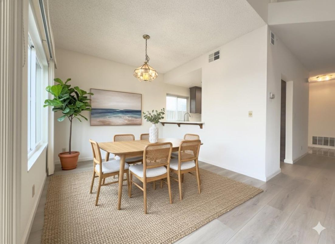 Dining room, Interior, Pendant Lights, Wood Texture Flooring