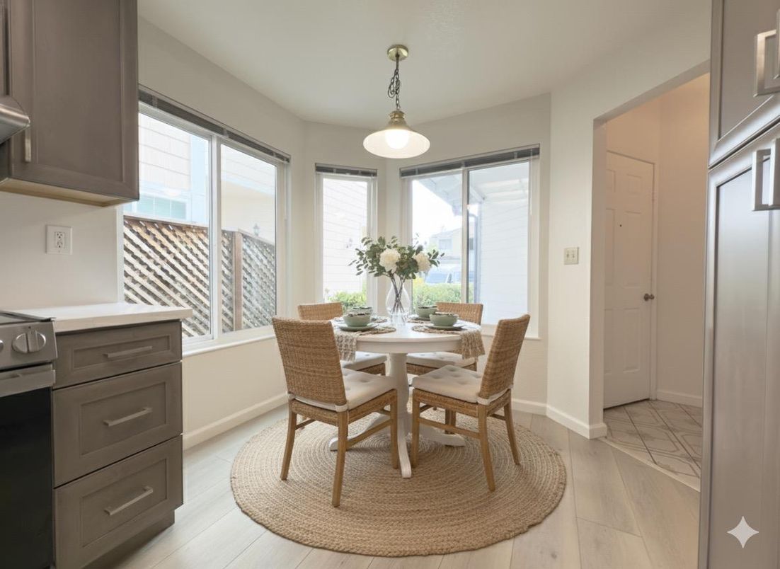 Dining room, Interior, Pendant Lights, Wood Texture Flooring