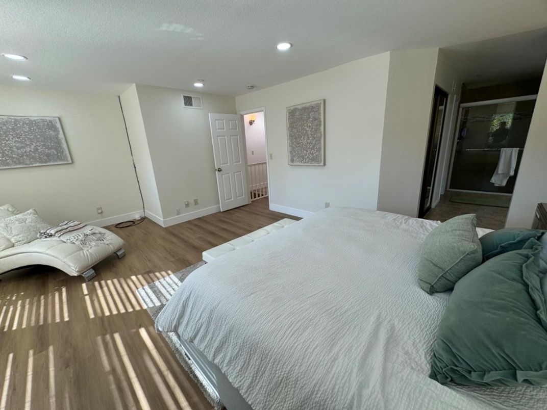 Bedroom, Interior, Recessed Lighting, Wood Texture Flooring