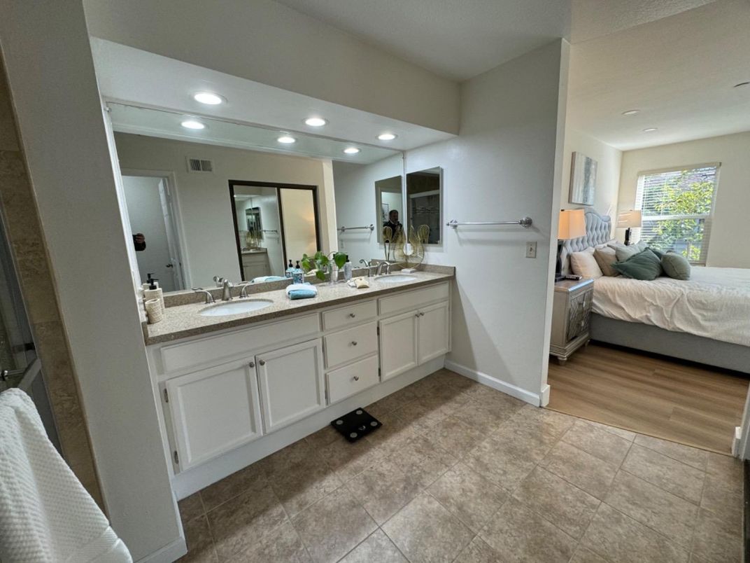 Bathroom, Bedroom, Dual Sink Vanities, Interior, Recessed Lighting, Wood Texture Flooring