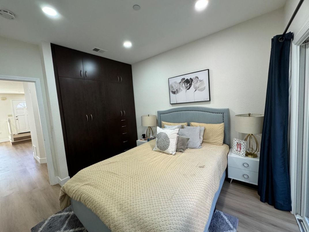 Bedroom, Interior, Recessed Lighting, Wood Texture Flooring