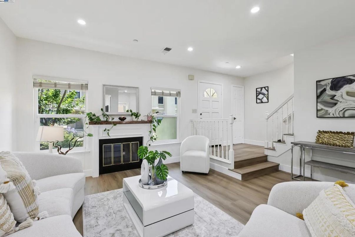 Fireplace, Interior, Living room, Recessed Lighting, Wood Texture Flooring