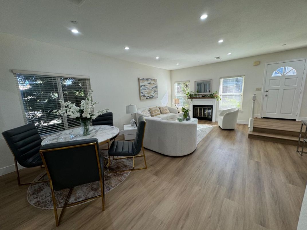 Fireplace, Interior, Living room, Recessed Lighting, Wood Texture Flooring