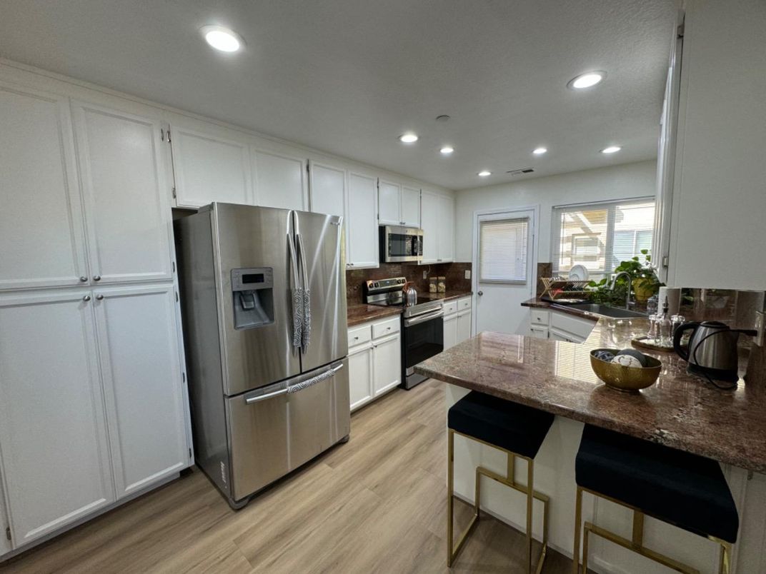 Interior, Kitchen, Recessed Lighting, Stainless Steel Appliances, Wood Texture Flooring