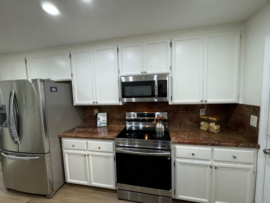 Interior, Kitchen, Recessed Lighting, Stainless Steel Appliances, Wood Texture Flooring