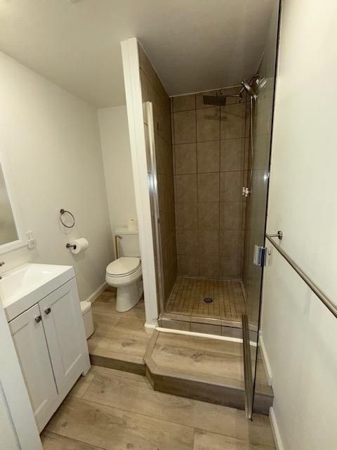 Bathroom, Glass Shower, Interior, Wood Texture Flooring