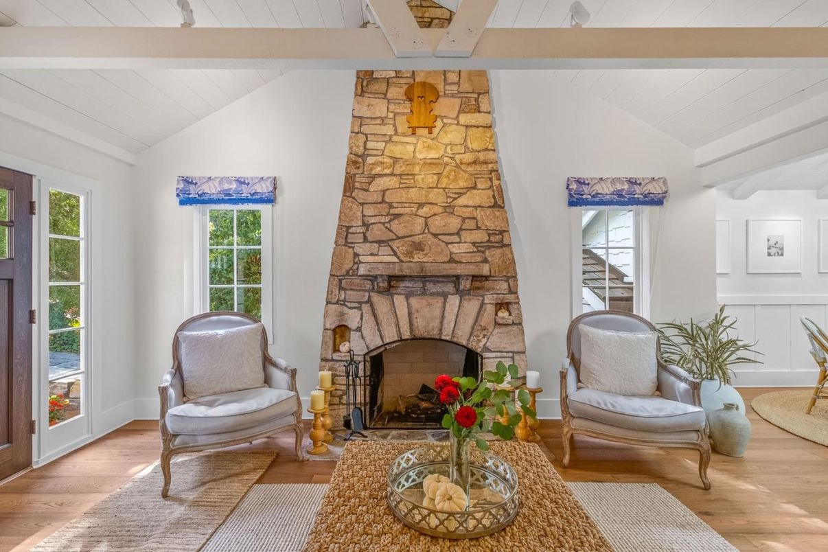 Fireplace, Interior, Living room, Stone Walls, Wood Texture Flooring