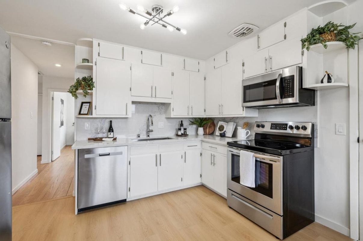 Interior, Kitchen, Recessed Lighting, Stainless Steel Appliances, Wood Texture Flooring