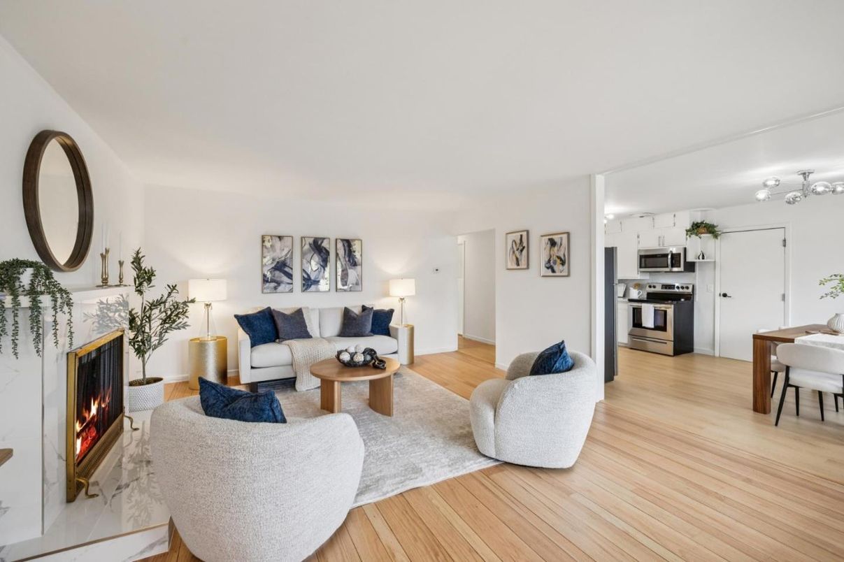 Dining room, Fireplace, Interior, Kitchen, Living room, Stainless Steel Appliances, Wood Texture Flooring