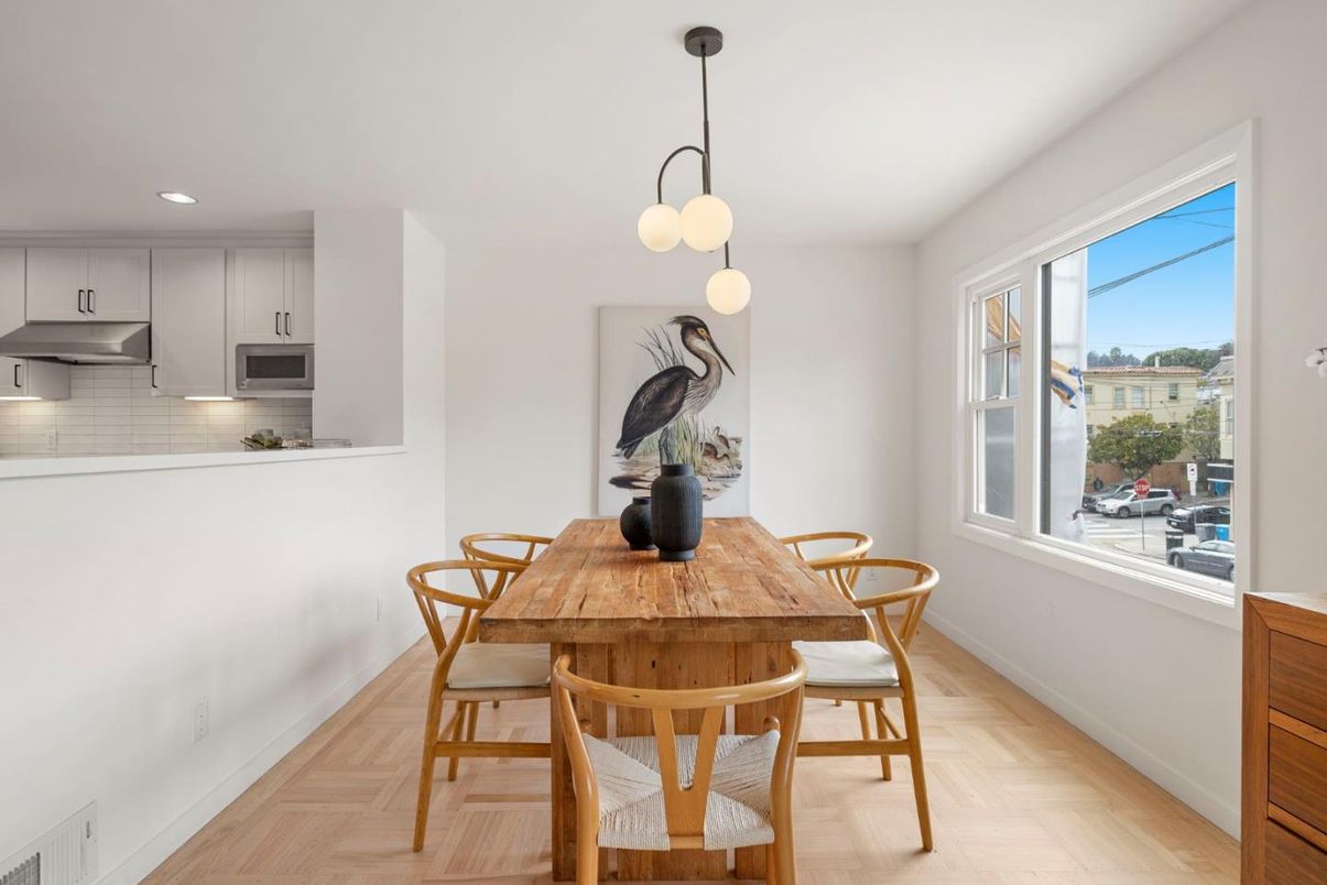 Dining room, Interior, Kitchen, Pendant Lights, Recessed Lighting, Wood Texture Flooring