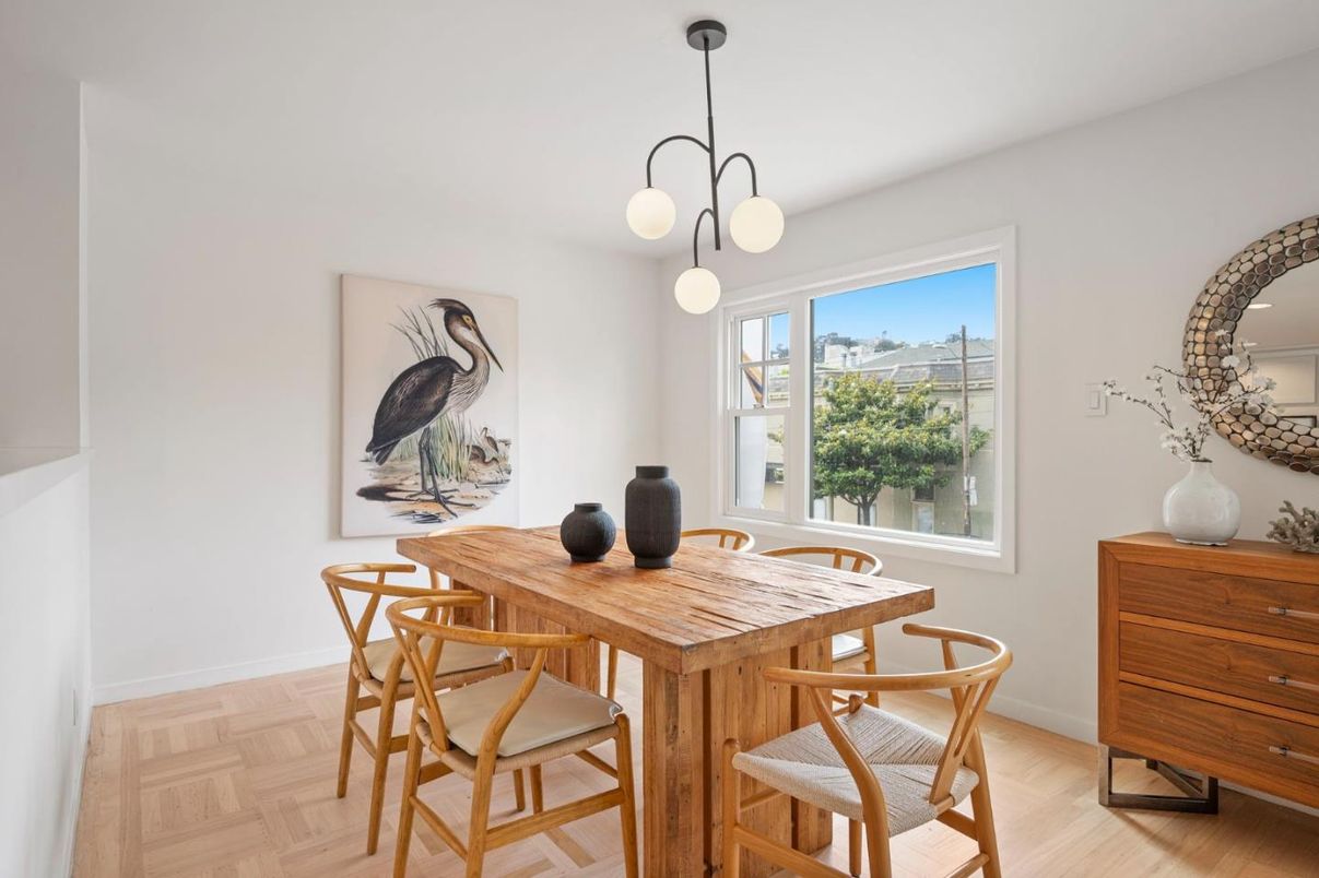 Dining room, Interior, Pendant Lights, Wood Texture Flooring