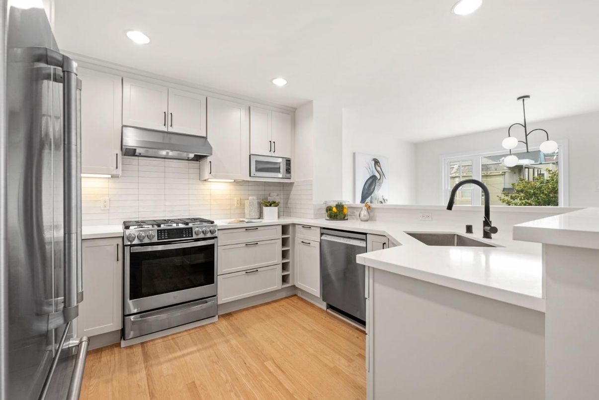 Interior, Kitchen, Pendant Lights, Recessed Lighting, Stainless Steel Appliances, Wood Texture Flooring