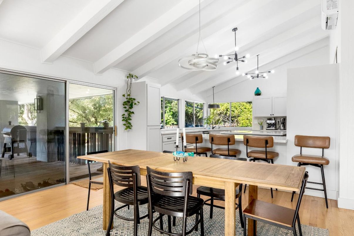 Dining room, Interior, Pendant Lights, Wood Texture Flooring
