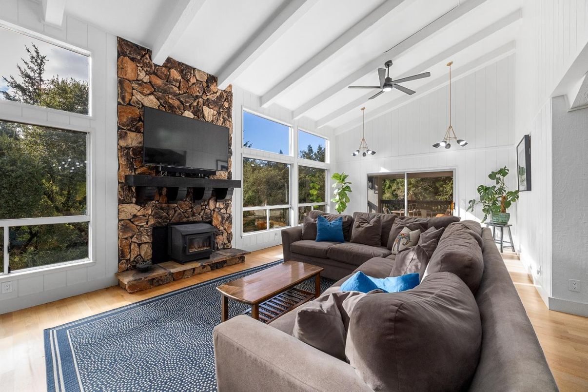 Fireplace, Interior, Living room, Pendant Lights, Stone Walls, Wood Texture Flooring