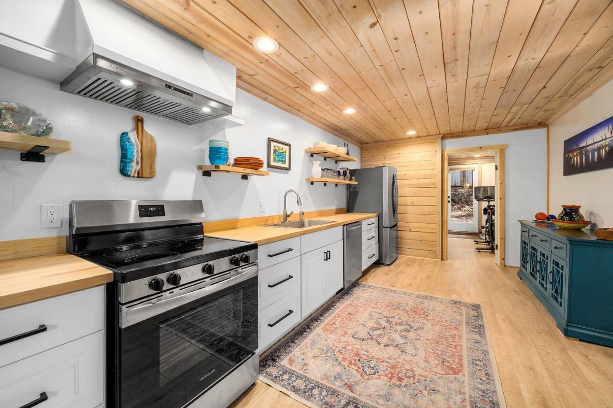 Interior, Kitchen, Recessed Lighting, Stainless Steel Appliances, Wooden Ceilings, Wood Texture Flooring