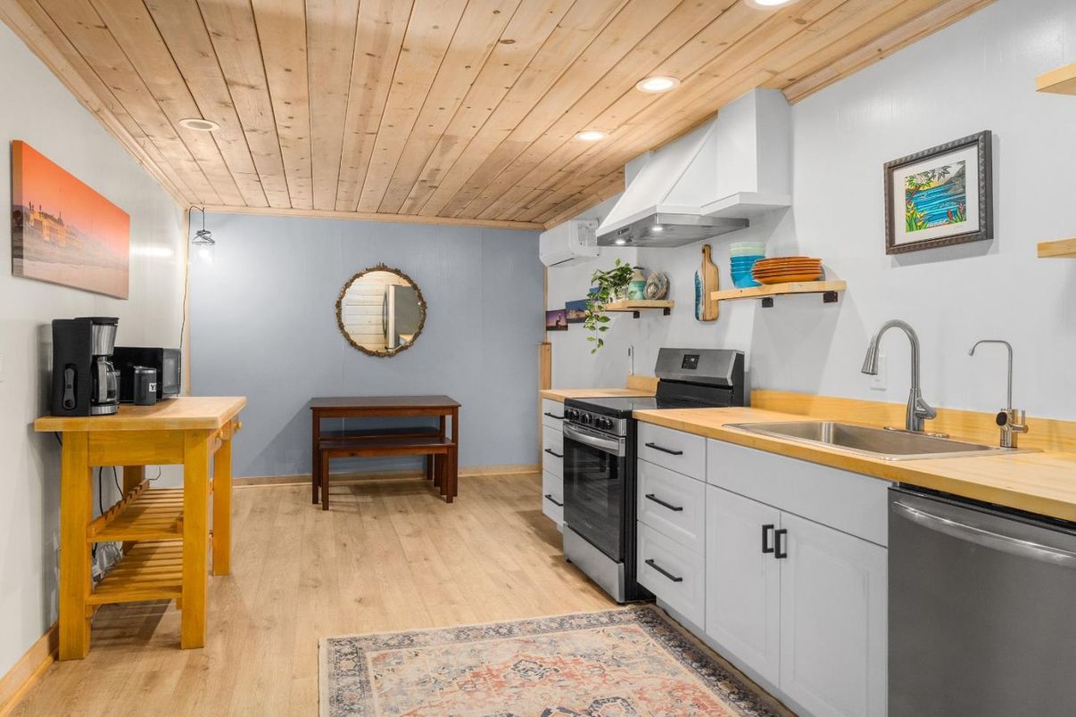 Interior, Kitchen, Recessed Lighting, Stainless Steel Appliances, Wooden Ceilings, Wood Texture Flooring