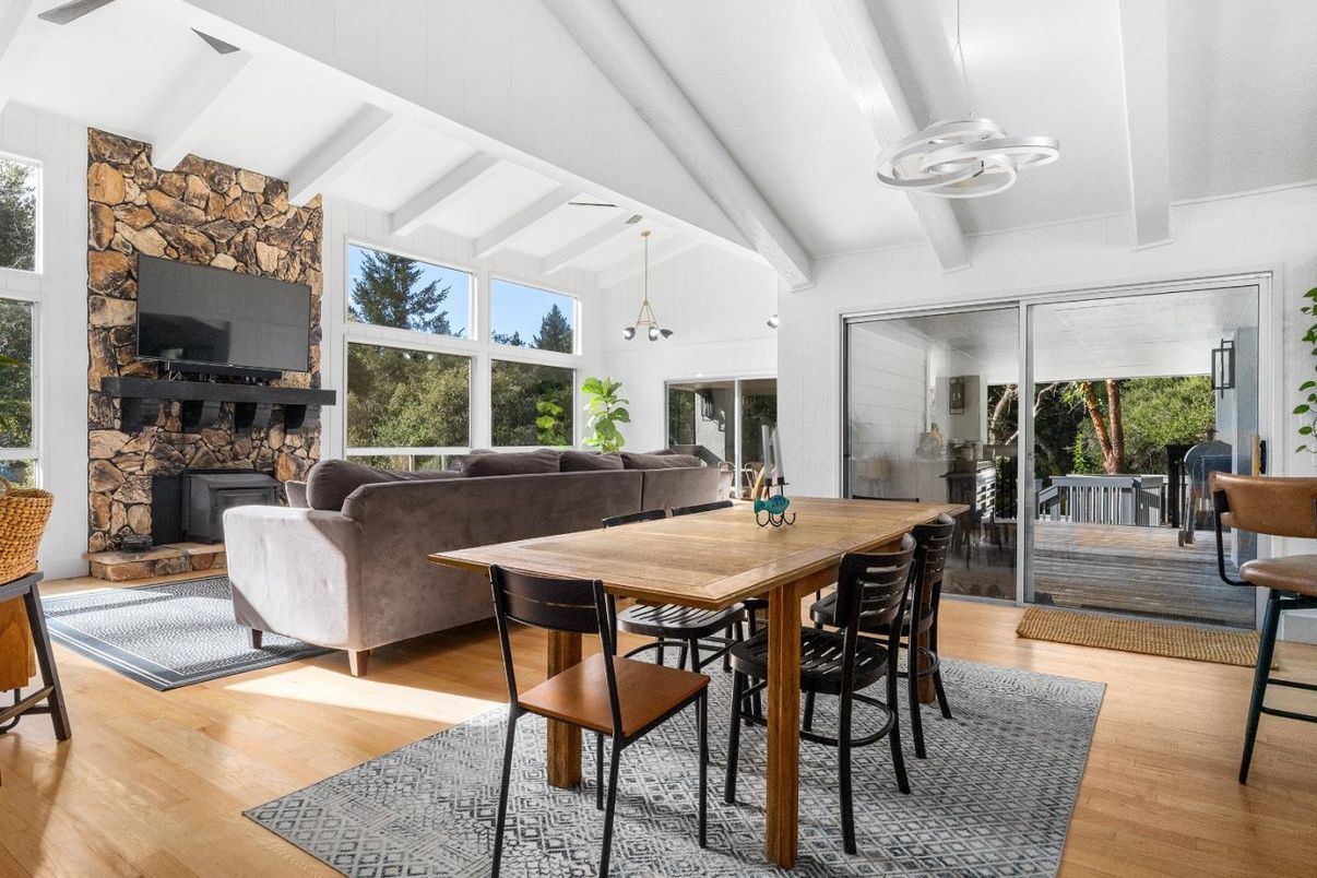 Dining room, Fireplace, Interior, Living room, Stone Walls, Wood Texture Flooring