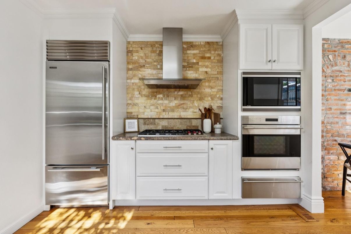 Interior, Kitchen, Stainless Steel Appliances, Stone Walls, Wood Texture Flooring