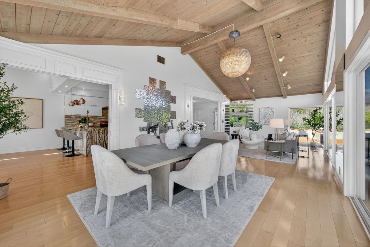 Dining room, Interior, Living room, Recessed Lighting, Wooden Beams, Wooden Ceilings, Wood Texture Flooring