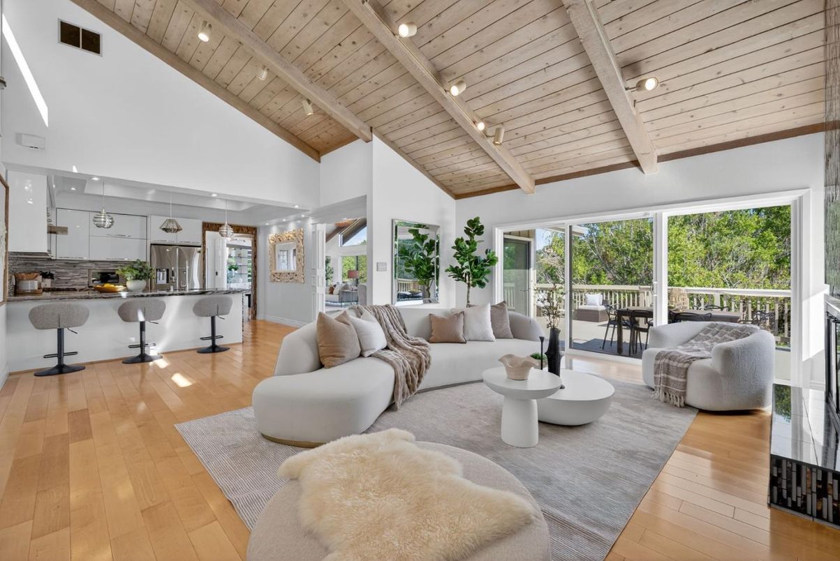Dining room, Interior, Kitchen, Living room, Recessed Lighting, Stainless Steel Appliances, Wooden Beams, Wooden Ceilings, Wood Texture Flooring