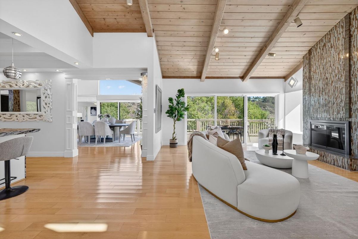 Dining room, Fireplace, Interior, Living room, Pendant Lights, Recessed Lighting, Wooden Beams, Wooden Ceilings, Wood Texture Flooring