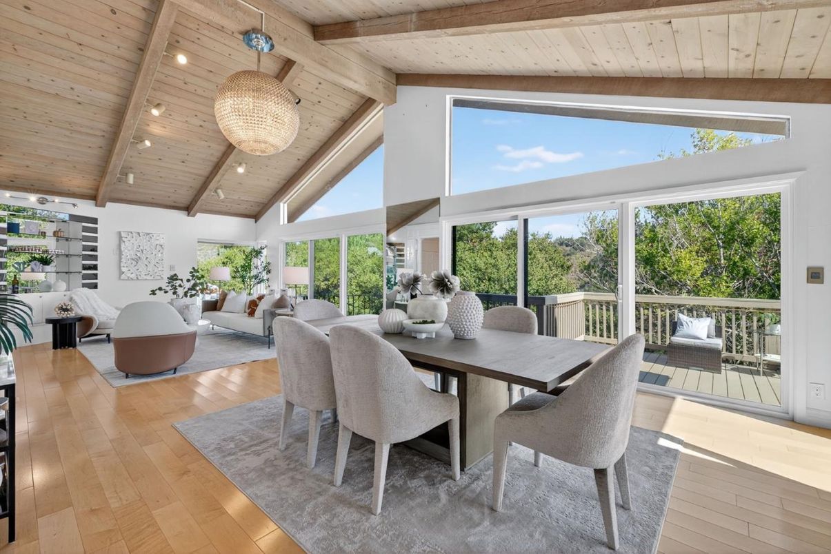 Dining room, Interior, Living room, Pendant Lights, Recessed Lighting, Wooden Beams, Wooden Ceilings, Wood Texture Flooring