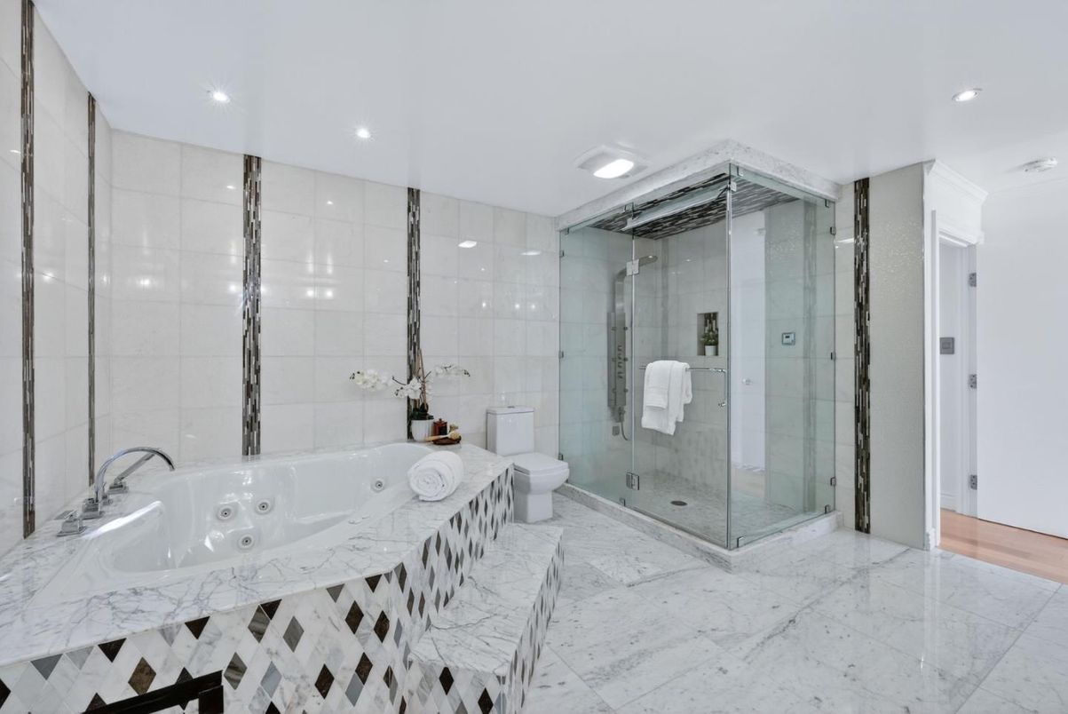 Bathroom, Glass Shower, Interior, Marble, Recessed Lighting