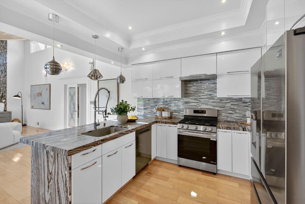 Interior, Kitchen, Pendant Lights, Recessed Lighting, Stainless Steel Appliances, Wood Texture Flooring