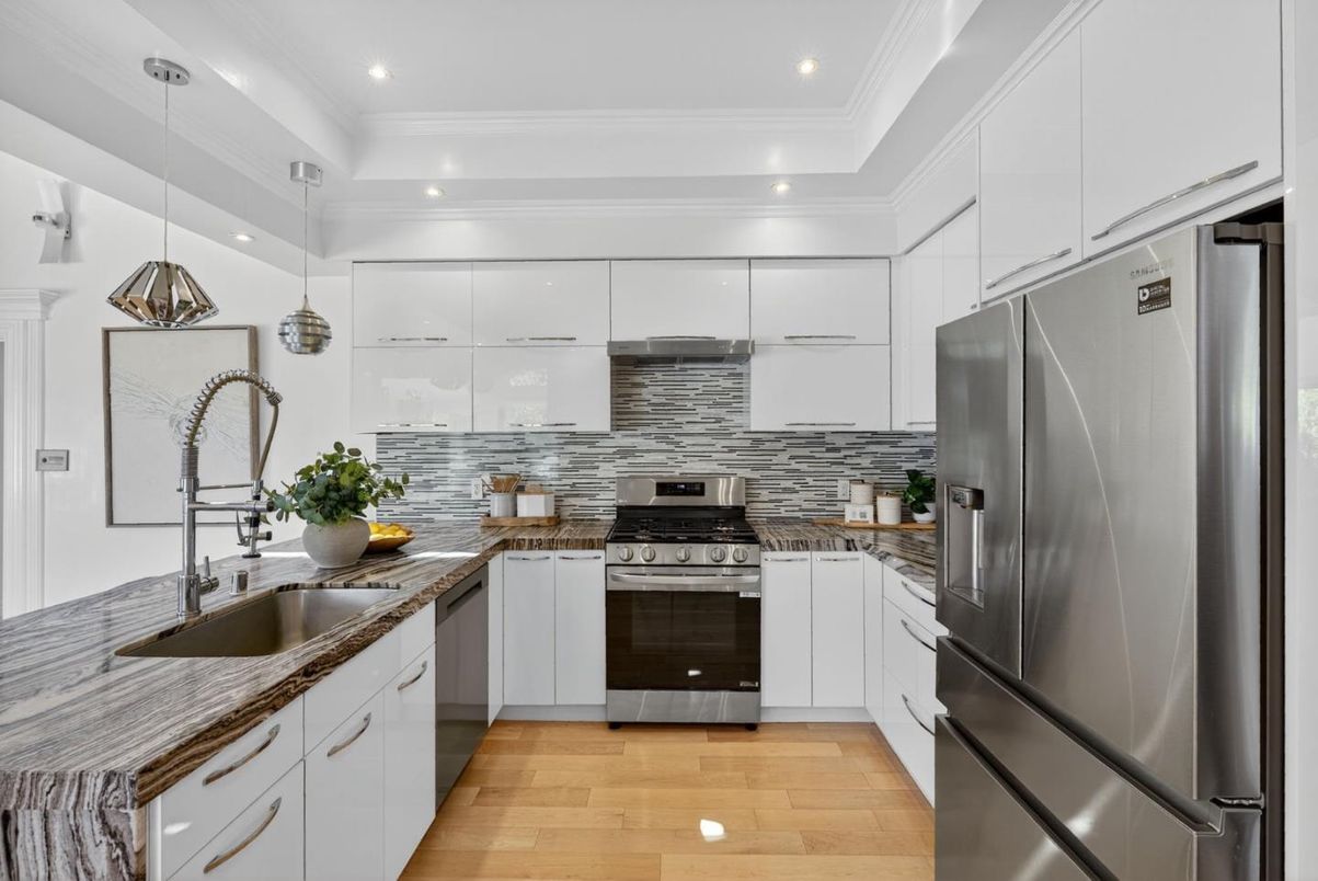 Interior, Kitchen, Pendant Lights, Recessed Lighting, Stainless Steel Appliances, Wood Texture Flooring
