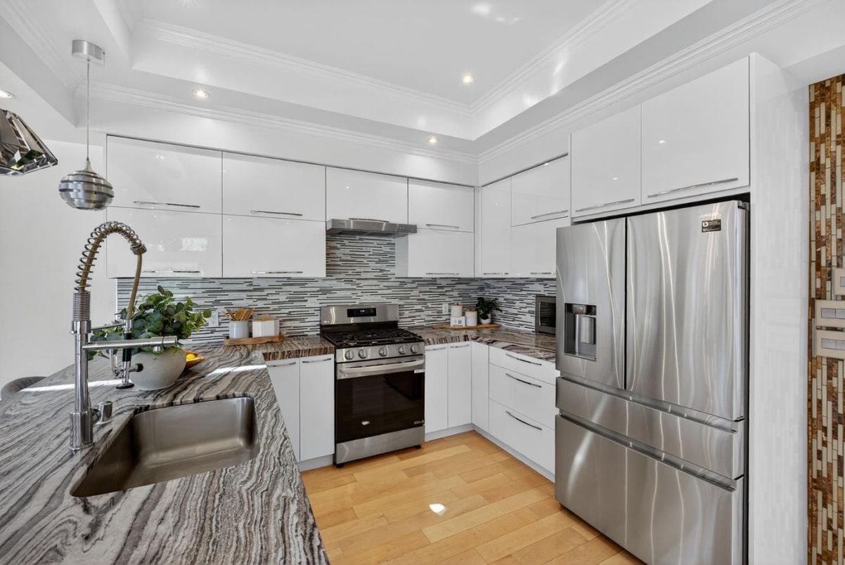 Interior, Kitchen, Pendant Lights, Recessed Lighting, Stainless Steel Appliances, Wood Texture Flooring